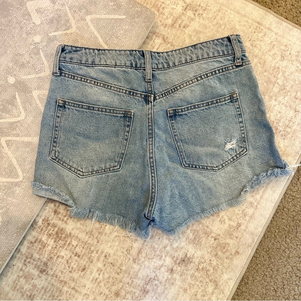 High-Waist Distressed Denim Shorts - Light Blue - Picture 3 of 4